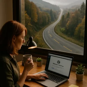 Business owner launching a WordPress e-commerce site from laptop in home office