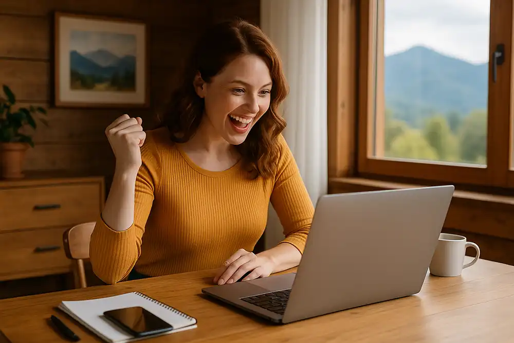 Small business owner working at home office with mountain view and laptop open to WordPress dashboard