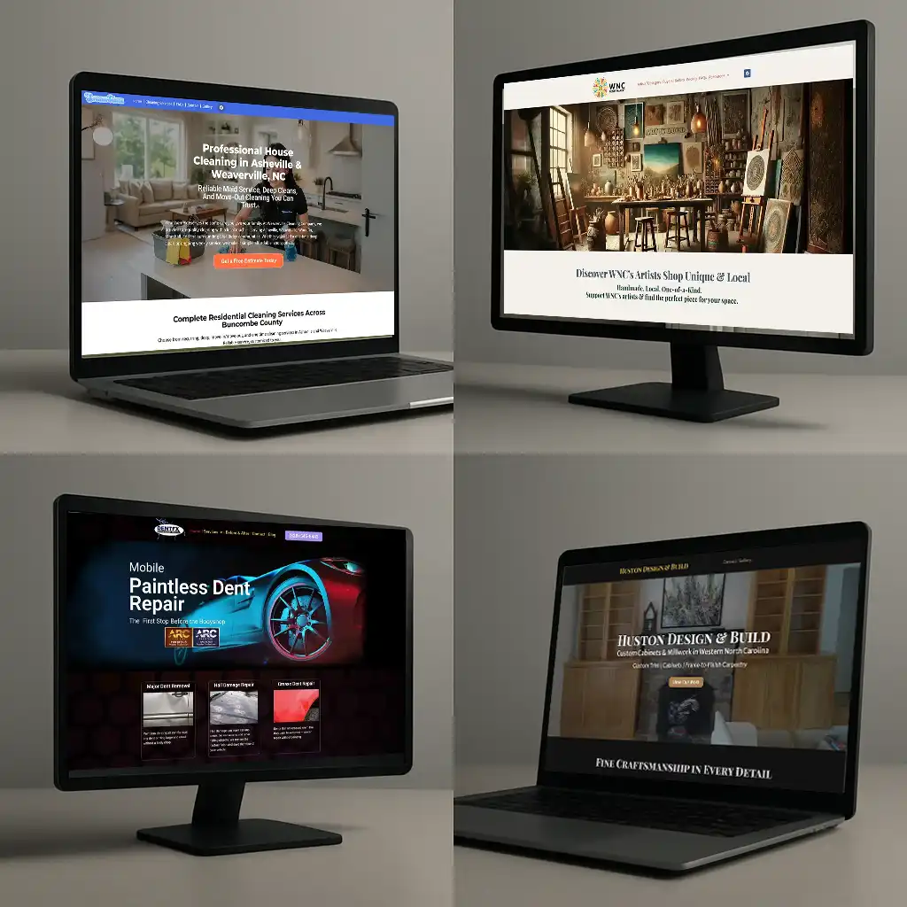 Displayed thumbnails of modern business websites on clean monitors, representing strong digital results.