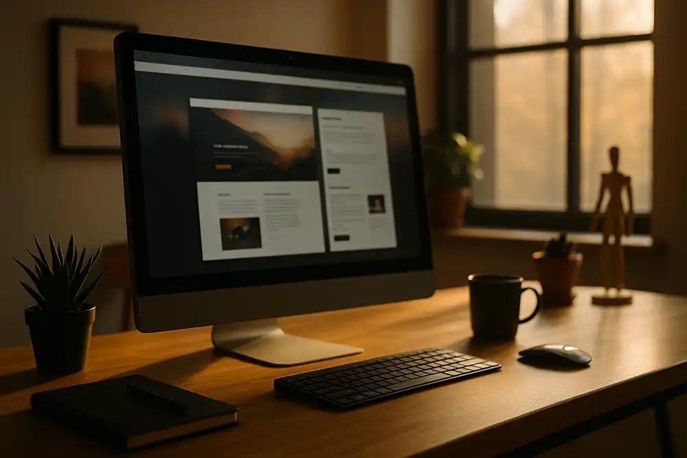 Modern creative workspace with computer and warm natural light