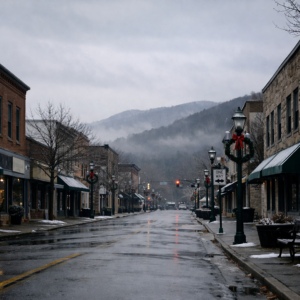 Wintery street in a small Western NC town with historic buildings and misty mountains in the background.