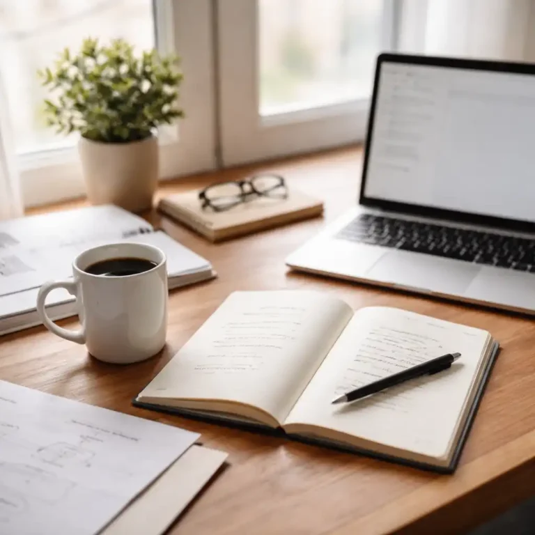 Minimal workspace with notebook, laptop, and coffee used for planning business systems during a slow season