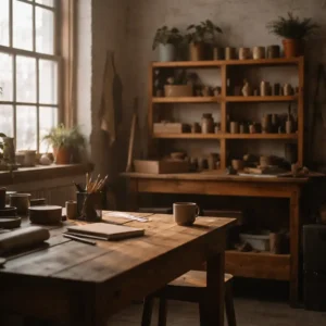 Quiet small business interior with natural winter light