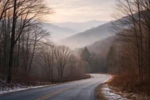 Quiet winter road in the Blue Ridge Mountains reflecting a period of business reflection copy