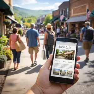 tourists using smartphones to search for local businesses in western north carolina