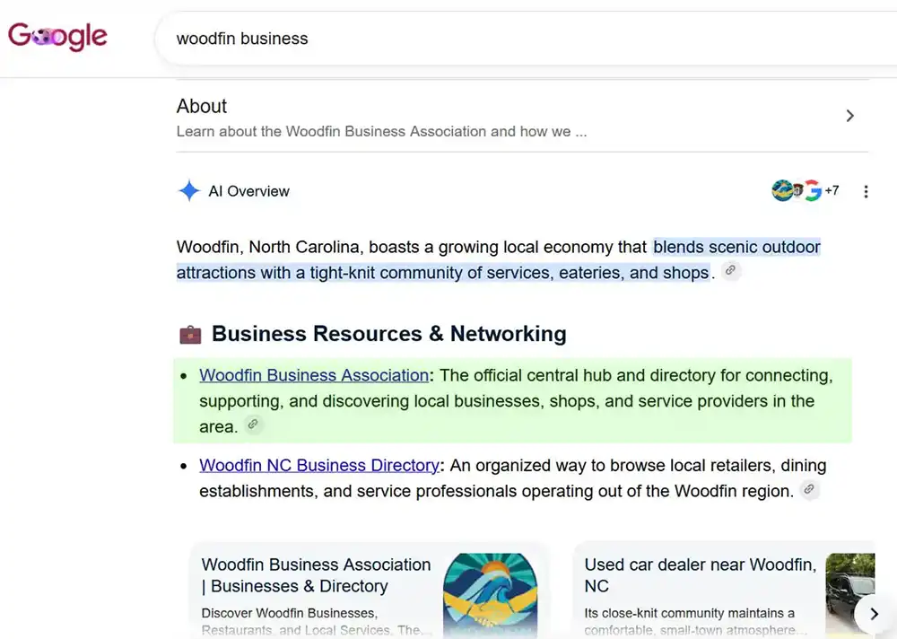 Google AI identifies the Woodfin Business Association as a central business hub